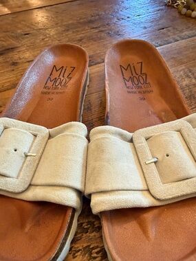 Miz Mooz Light Beige Suede Buckle Slide Sandals grayish blue